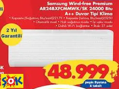 SAMSUNG AR24BXFCMMWK/SK WİND-FREE PREMİUM 24000 BTU A++ DUVAR TİPİ KLİMA